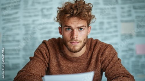 A man with curly hair and a beard intensely examines a paper in a room with newspaper-covered walls, suggesting concentration and thoughtfulness. photo