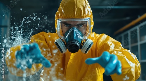 An individual in a full protective suit and gas mask is enveloped in a fine spray of mist, suggesting themes of safety, protection, and thorough industrial cleaning. photo
