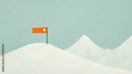 Vibrant Orange Flag on Snowy Mountaintop Against a Soft Blue Sky