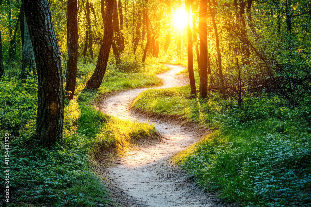 Fototapeta premium Serene forest path winding through lush greenery at sunrise