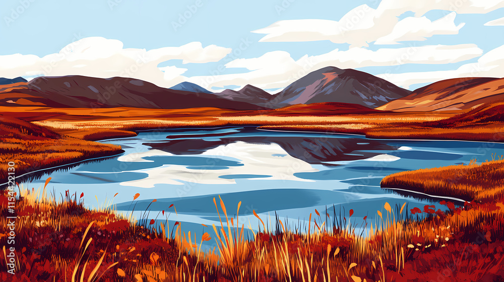 Obraz premium Wetland tundra landscape with lakes in autumn colors in nome alaska usa. Tundral. Illustration