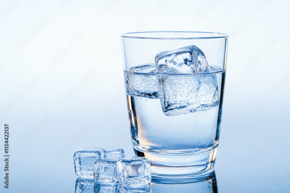 Refreshing glass of water with ice cubes on clear surface Refreshing glass of water with ice cubes on clear surface