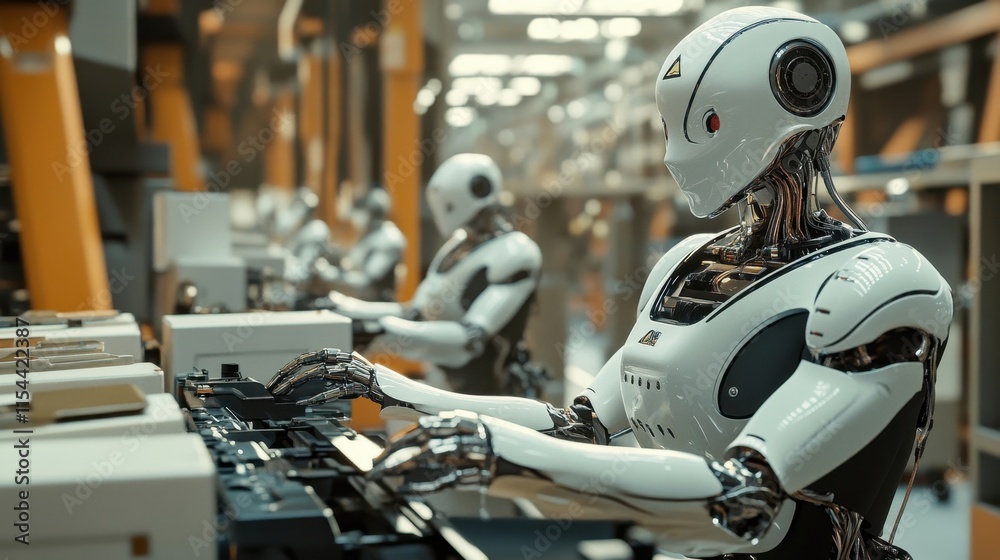 Robots assembling products in a high-tech factory during the daytime with advanced machinery Robots assembling products in a high-tech factory during the daytime with advanced machinery