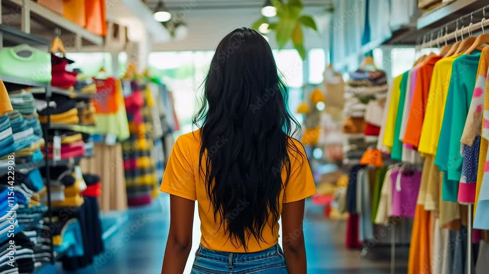 A young Hispanic woman stands in a vibrant clothing store, wearing a yellow shirt and denim shorts. Surrounded by colorful dresses, she explores fashion choices, conveying a joyful shopping A young Hispanic woman stands in a vibrant clothing store, wearing a yellow shirt and denim shorts. Surrounded by colorful dresses, she explores fashion choices, conveying a joyful shopping