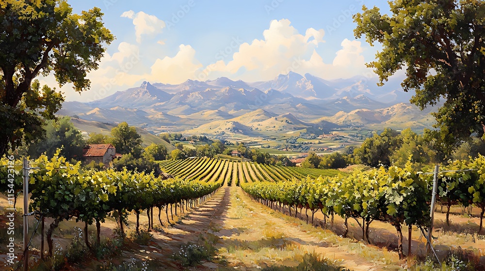 Fototapeta premium Sunlit vineyard rows leading to majestic mountains under a bright sky.