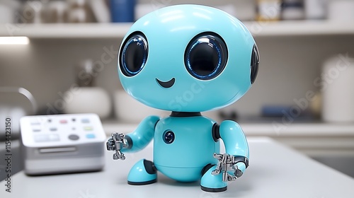 Cute teal robot toy on table.