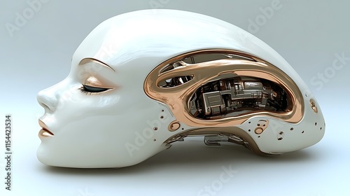 Elegant robotic head, white and gold, side profile.