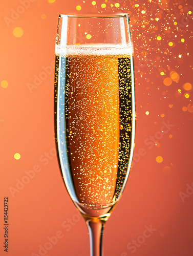 A flute of champagne with golden sparkles, set against a gradient coral background. photo