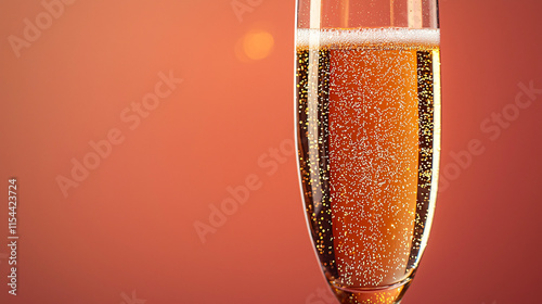 A flute of champagne with golden sparkles, set against a gradient coral background. photo