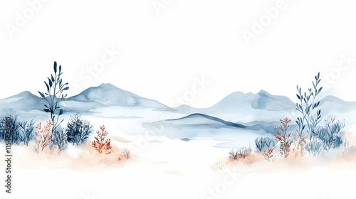 Minimalistic watercolor illustration of tundra landscapes on a white background, cute and comical. Tundral. Illustration photo