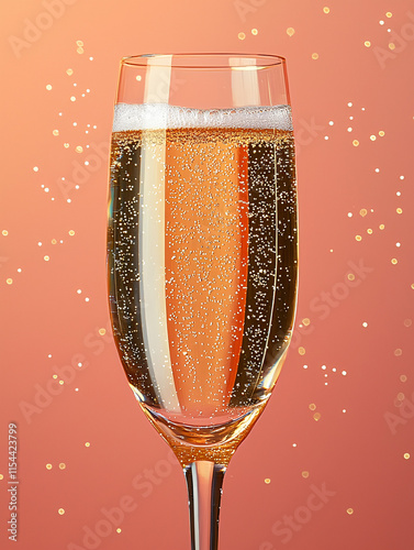 A flute of champagne with golden sparkles, set against a gradient coral background. photo