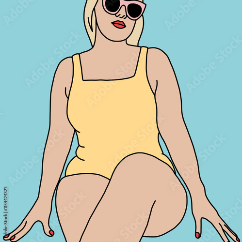 Illustration of a Woman in a Yellow Swimsuit Wearing Sunglasses photo