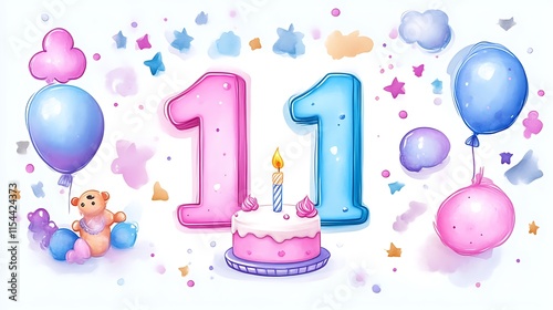 Cute illustration of an eleventh birthday with cake, balloons, and teddy bear.