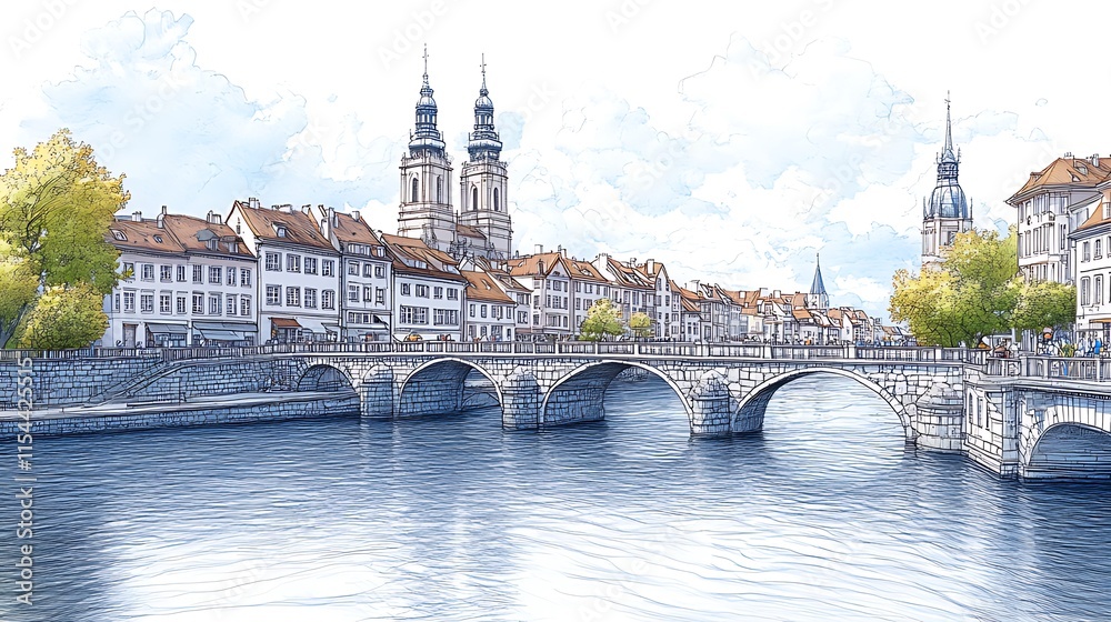 Fototapeta premium Panoramic view of a historic European city with a stone bridge spanning a river, featuring colorful buildings and a church with twin towers under a partly cloudy sky.
