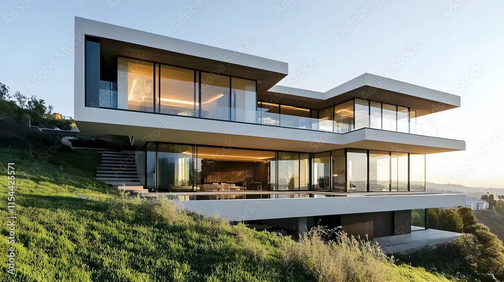 Contemporary hillside mansion in Los Angeles California with floor-to-ceiling glass walls and panoramic views Contemporary hillside mansion in Los Angeles California with floor-to-ceiling glass walls and panoramic views