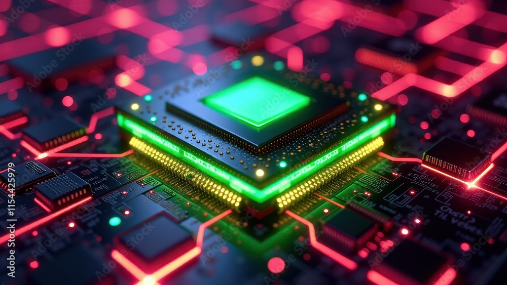Fototapeta premium Futuristic Microprocessor Highlighted in Neon Circuit Board Environment