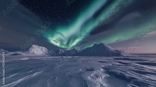 Frozen tundra under aurora borealis at night. Tundral. Illustration photo