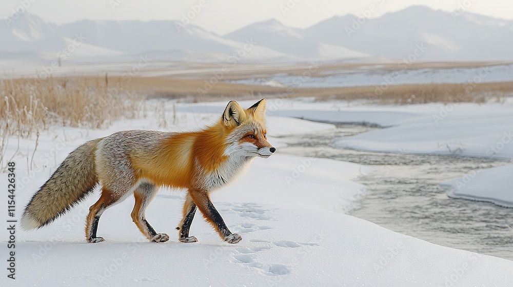 Obraz premium A fox traversing a snow-covered field beside a body of water amidst snow-capped mountains