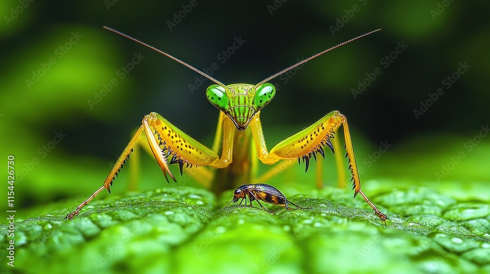 A vibrant green mantis poised on a leaf, showcasing its predatory nature. A vibrant green mantis poised on a leaf, showcasing its predatory nature.
