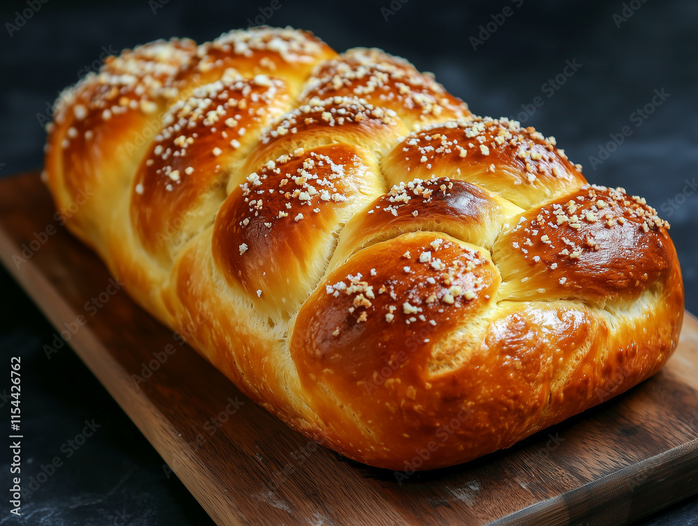 Freshly baked golden braided bread on a wooden board with a sprinkle of sugar Freshly baked golden braided bread on a wooden board with a sprinkle of sugar