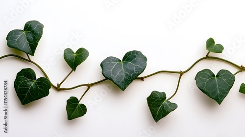 Heart-shaped ivy leaves on a vine, arranged in a delicate row against a clean white background. Perfect for nature, love, or spring themes. photo