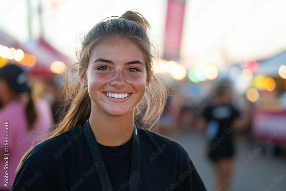 A cheerful young woman with a bright smile stands among colorful tents and people, embodying joy and connection in a lively outdoor festival atmosphere. A cheerful young woman with a bright smile stands among colorful tents and people, embodying joy and connection in a lively outdoor festival atmosphere.