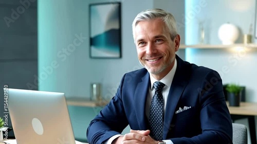 Close-up portrait of a smiling Caucasian middle-aged male office worker, manager, or executive, sitting at a desk in a modern office environment. Professional and approachable demeanor