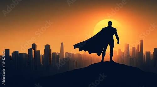 Superhero silhouette at sunset over city.