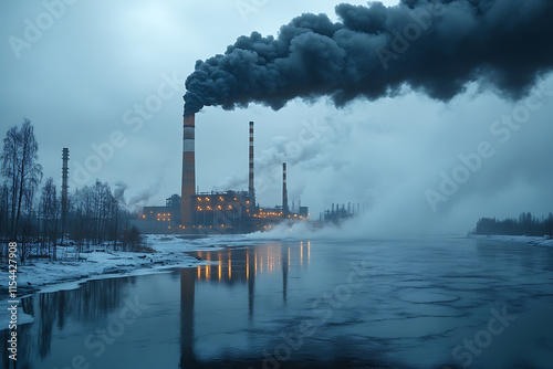 A smoky industrial factory emitting thick black clouds into the sky, symbolizing the harmful effects of air pollution and its impact on the environment.	 photo