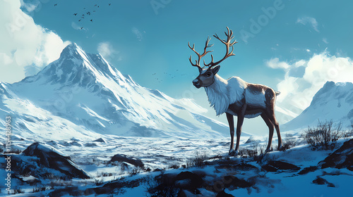 Arctic tundra with reindeer anime. Tundral. Illustration photo