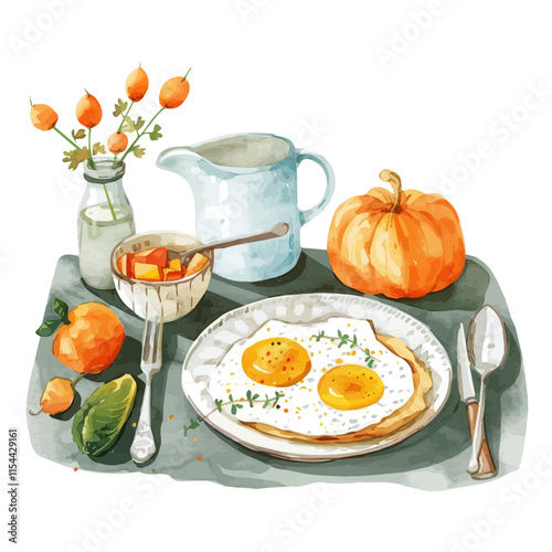 A watercolor vector of a cozy fall breakfast setting with scrambled eggs, isolated on a white background. Fall breakfast vector.
