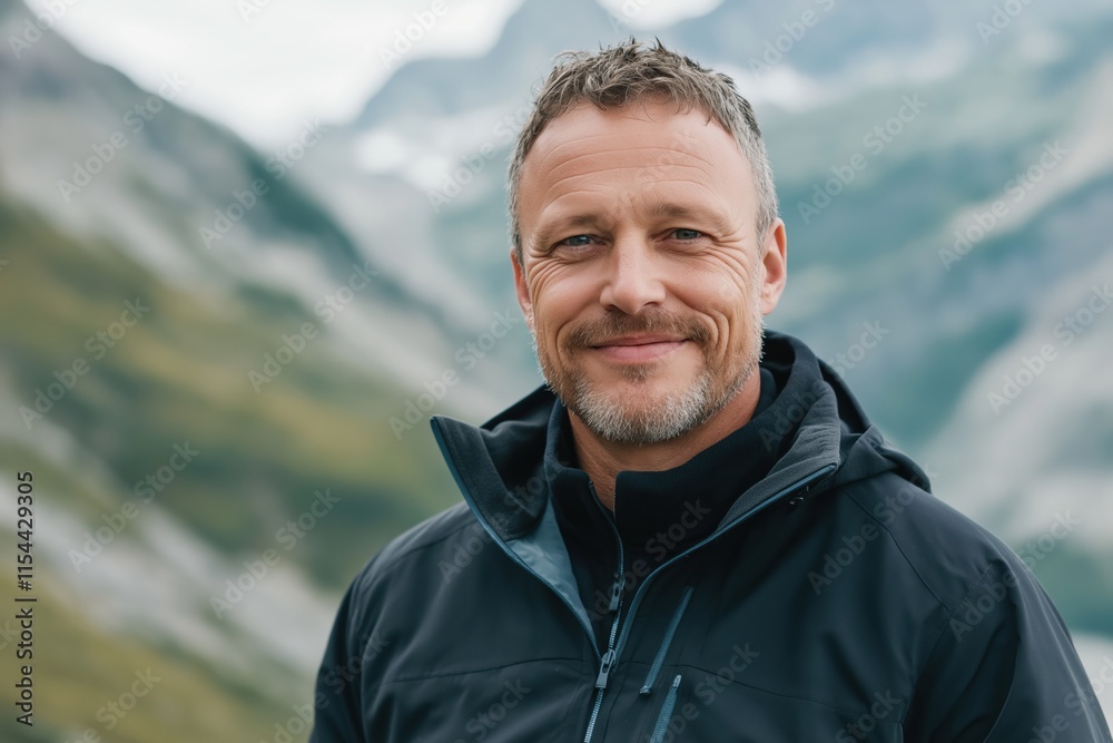A man with a beard and gray hair is smiling in front of a mountain. He is wearing a black jacket and a black hat