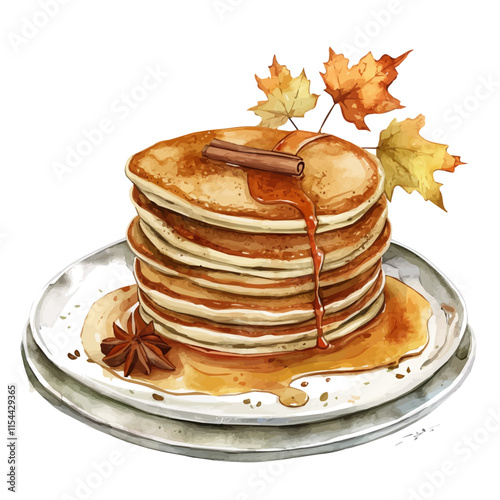 A watercolor drawing of a cozy fall breakfast with pancakes topped with maple syrup, isolated on a white background. Fall breakfast vector.
