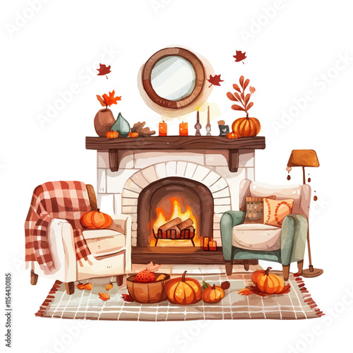 A watercolor vector of a cozy fall living room with a roaring fireplace, isolated on a white background. Fall living room vector.
