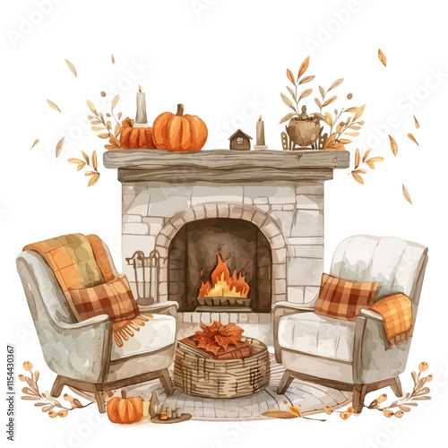 A watercolor vector of a cozy fall living room with a roaring fireplace, isolated on a white background. Cozy fall living room vector.
