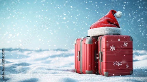 Two red suitcases with Santa Claus hats
