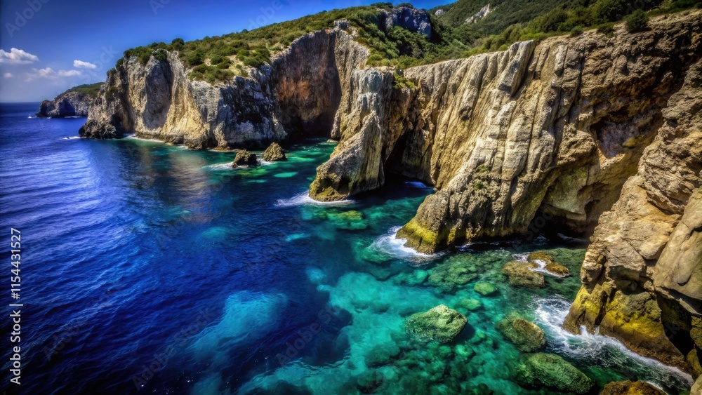 Stunning Kalamota Island: Adriatic cliffs plunge into crystal waters. Croatia's breathtaking drone view. Stunning Kalamota Island: Adriatic cliffs plunge into crystal waters. Croatia's breathtaking drone view.