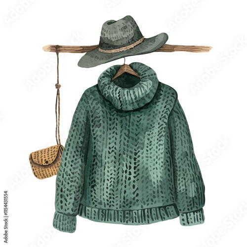 A watercolor drawing of a cozy knit sweater and hat hanging on a hook, isolated on a white background. Knit sweater vector.
