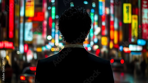 Man in suit, back view, gazing at vibrant city lights at night.