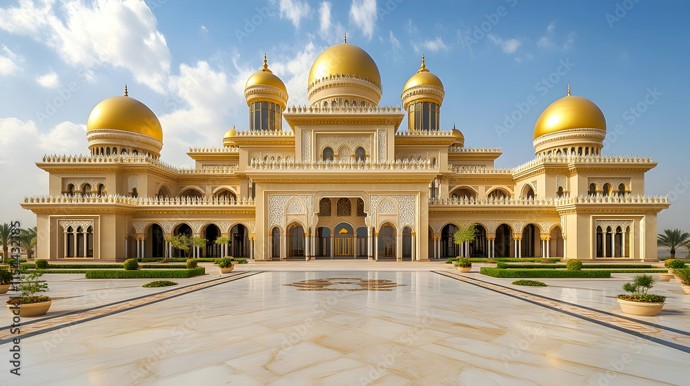 Naklejka premium Opulent desert palace in Abu Dhabi UAE with golden domes and marble courtyards