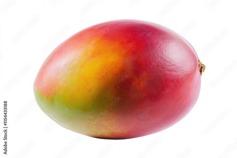 A large, ripe, red, yellow, and green mango. The fruit is sitting on a white background A large, ripe, red, yellow, and green mango. The fruit is sitting on a white background