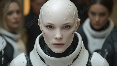 Close-up of a bald, pale female cyborg with serious expression, other cyborgs blurred in background.