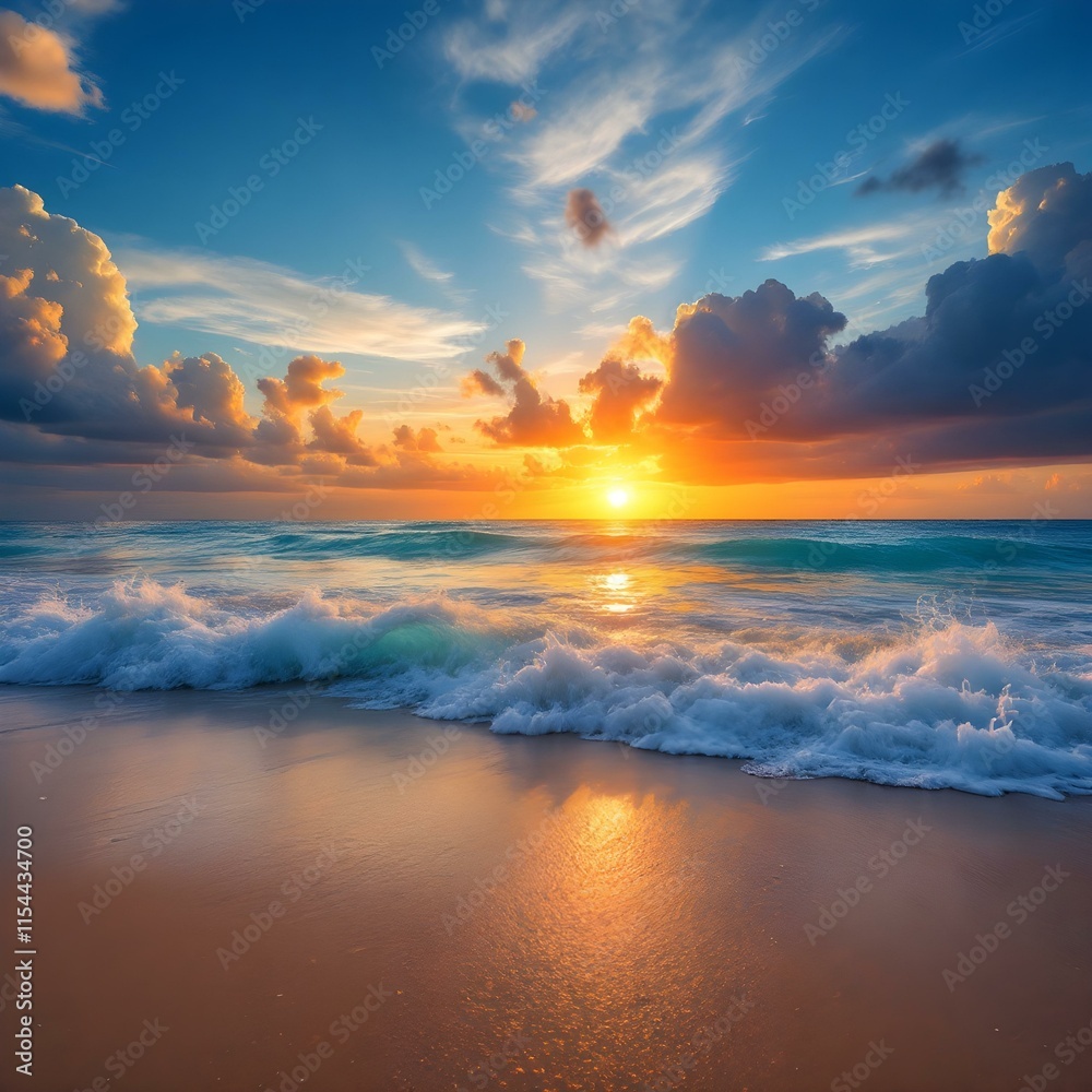 Fototapeta premium Tropical paradise, golden sunset, turquoise ocean waves
