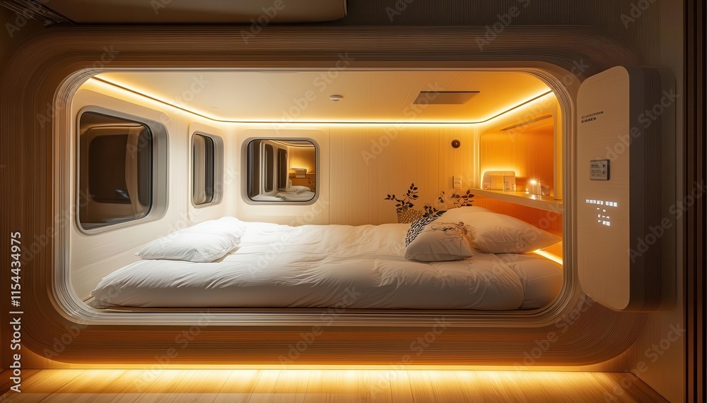 Fototapeta premium A hightech capsule hotel interior in Tokyo, featuring glowing LED panels and futuristic design, modern and efficient