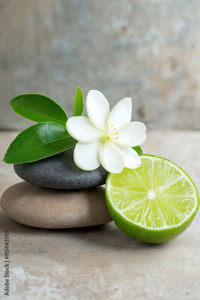 Fototapeta premium A lime sits on top of three rocks. The lime is cut in half and the flowers are white. Concept of calm and relaxation, as the lime and flowers are placed on a stone surface