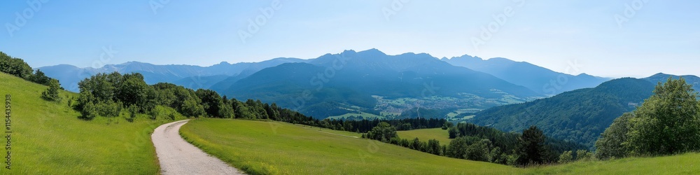A beautiful mountain range with a path leading to it. The sky is clear and blue, and the grass is lush and green. The scene is peaceful and serene, inviting one to take a walk A beautiful mountain range with a path leading to it. The sky is clear and blue, and the grass is lush and green. The scene is peaceful and serene, inviting one to take a walk