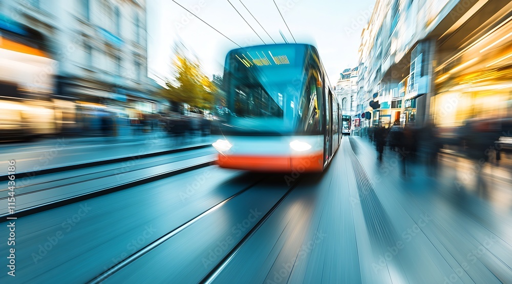 Motion Blurred Tram in Busy City Street Capturing Urban Transit and Dynamic Movement : Generative AI Motion Blurred Tram in Busy City Street Capturing Urban Transit and Dynamic Movement : Generative AI