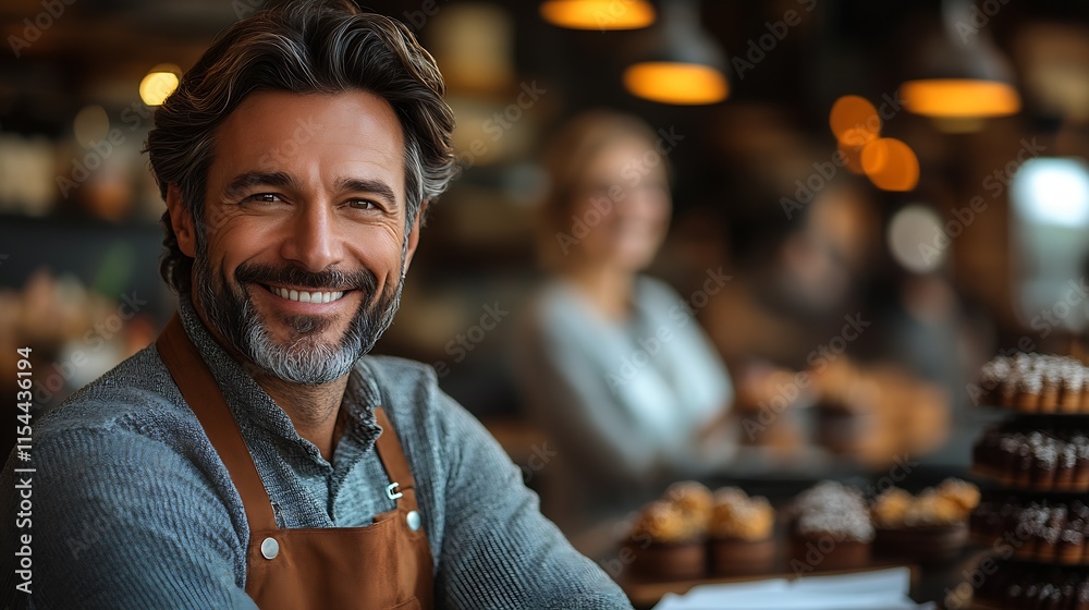 Obraz premium Portrait of Smiling Man in Apron at Rustic Cafe with Warm Ambient Lighting and Pastries : Generative AI