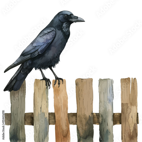 A watercolor painting of a crow perched on a wooden fence in the evening light, isolated on a white background. Crow vector.
