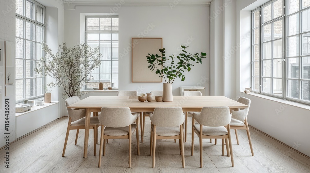 Modern Minimalist Dining Room with Natural Light and Scandinavian Design Elements Modern Minimalist Dining Room with Natural Light and Scandinavian Design Elements